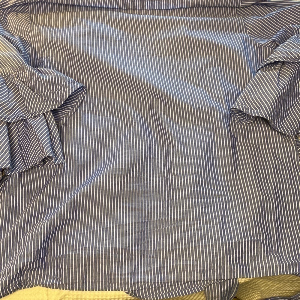 BEACH Lunch Lounge Collection Cotton Faux Wrap Shirt SzM Blue White Pin Stripe - Picture 14 of 16